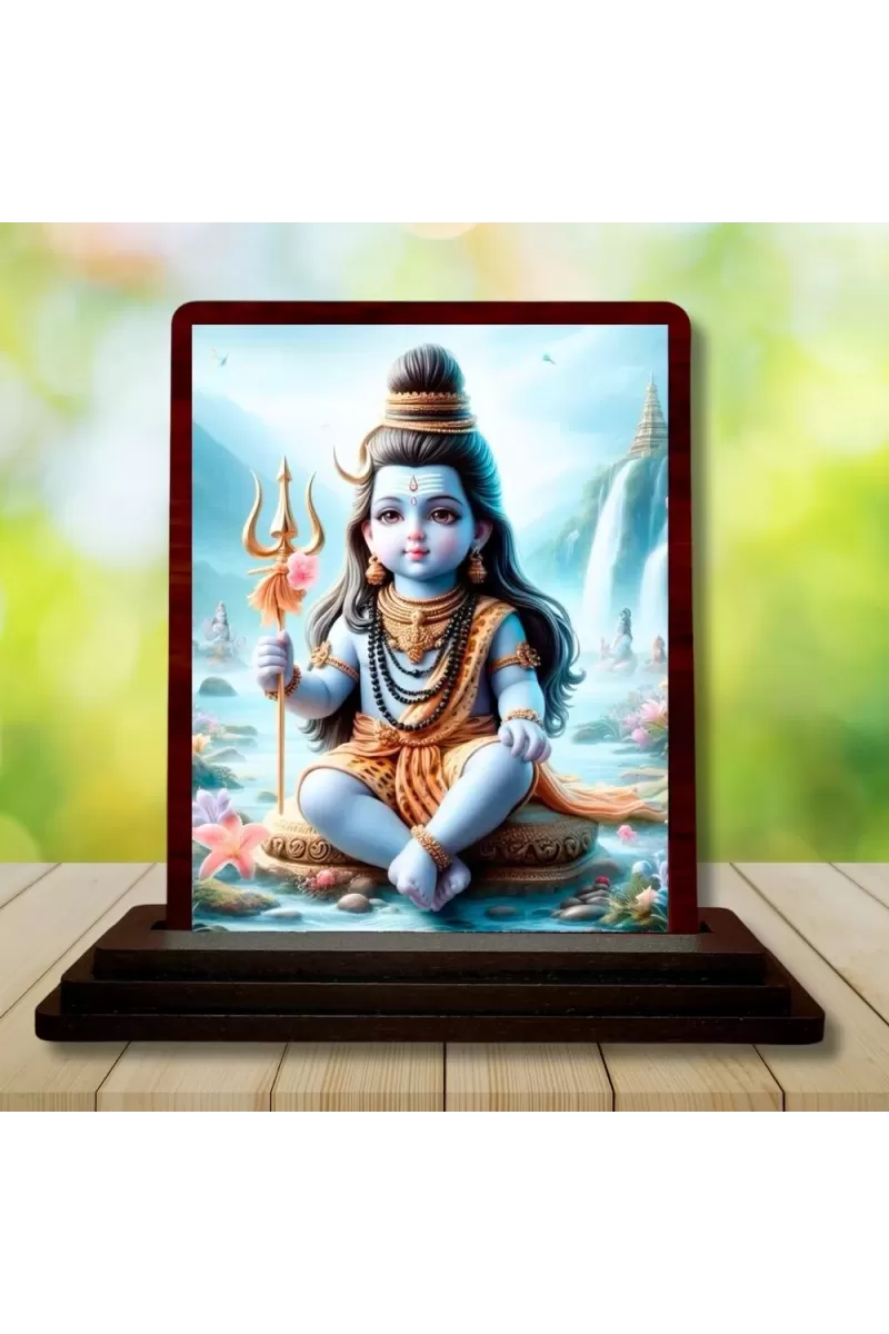 Car Desk/Table Top Lord Shiva Wooden Photo Stand  3x4 Inches, Compact & Stylish Spiritual Display For Car, Home & Office (Pack Of 1) (F14397)