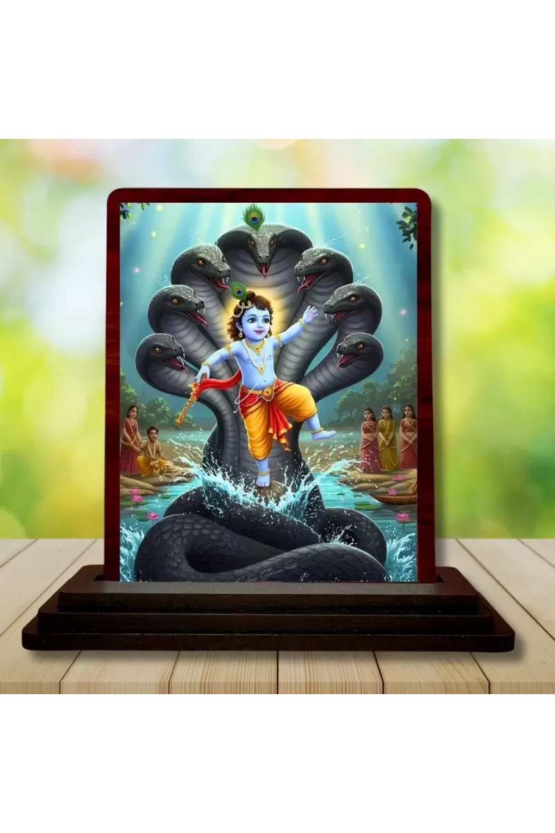 Car Desk/Table Top Lord Krishna Wooden Photo Stand  3x4 Inches, Compact & Stylish Spiritual Display For Car, Home & Office (Pack Of 1) (F14398)
