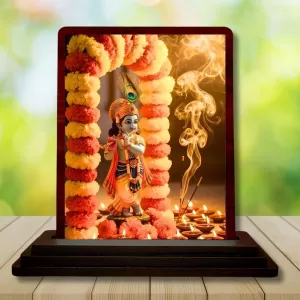 Car Desk/Table Top Lord Krishna Wooden Photo Stand 3x4 Inches, Compact & Stylish Spiritual Display For Car, Home & Office (Pack Of 1) (F14399) Car Desk/Table Top Lord Krishna Wooden Photo Stand 3x4 Inches, Compact & Stylish Spiritual Display For Car, Home & Office (Pack Of 1) (F14399)