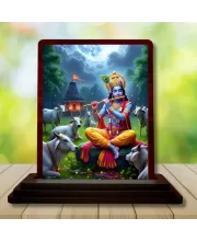 Car Desk/Table Top Lord Krishna Wooden Photo Stand  3x4 Inches, Compact & Stylish Spiritual Display For Car, Home & Office (Pack Of 1) (F14400)