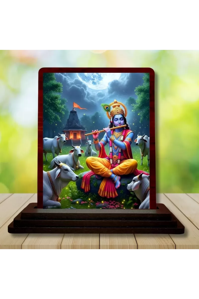Car Desk/Table Top Lord Krishna Wooden Photo Stand  3x4 Inches, Compact & Stylish Spiritual Display For Car, Home & Office (Pack Of 1) (F14400)