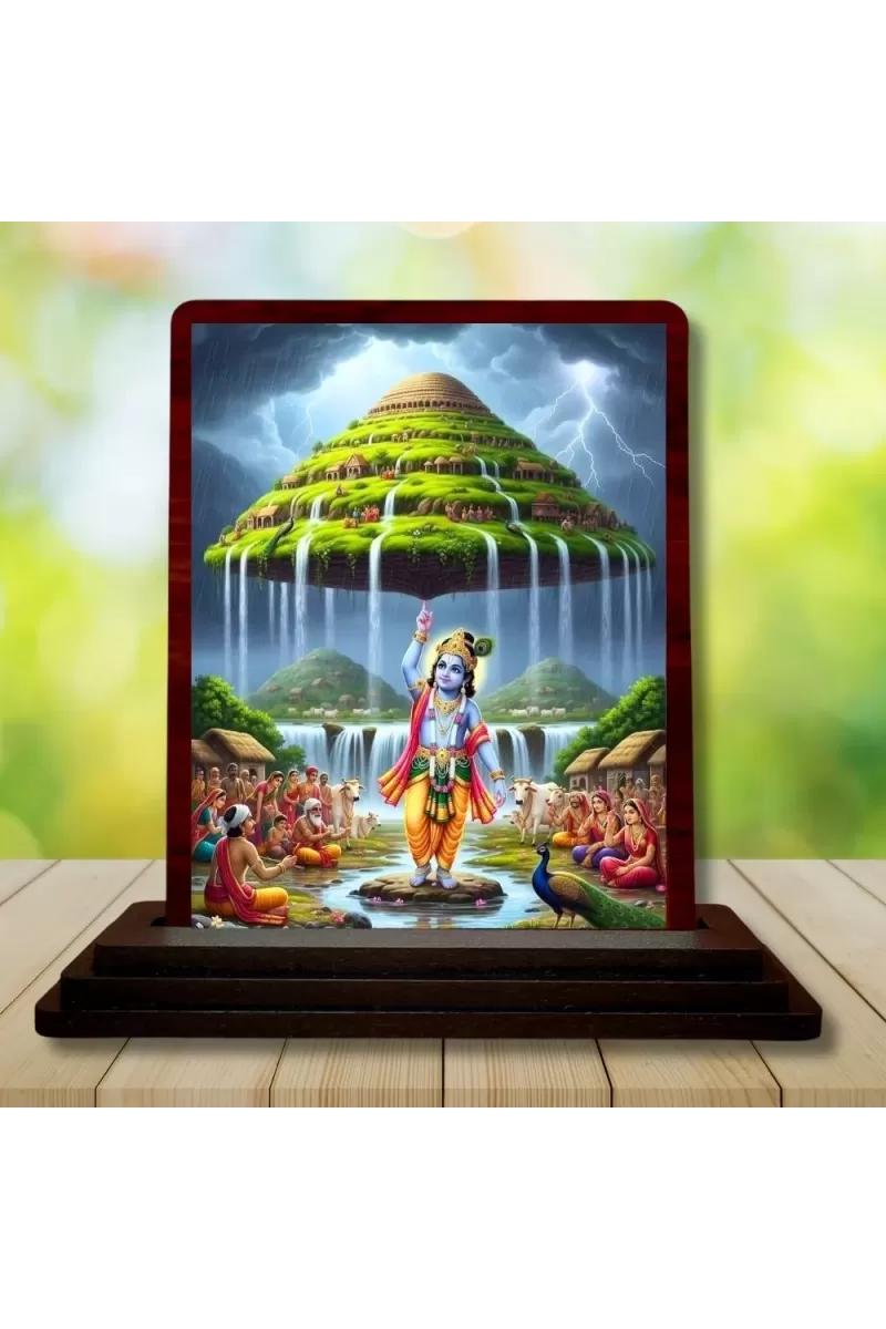 Car Desk/Table Top Lord Krishna Wooden Photo Stand  3x4 Inches, Compact & Stylish Spiritual Display For Car, Home & Office (Pack Of 1) (F14401)