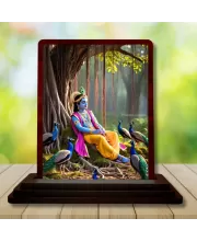 Car Desk/Table Top Lord Krishna Wooden Photo Stand  3x4 Inches, Compact & Stylish Spiritual Display For Car, Home & Office (Pack Of 1) (F14402)