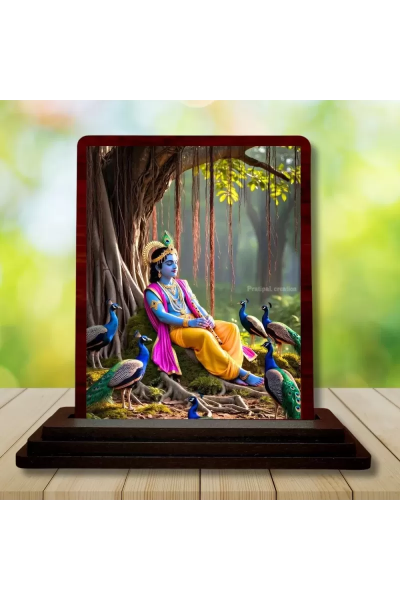 Car Desk/Table Top Lord Krishna Wooden Photo Stand  3x4 Inches, Compact & Stylish Spiritual Display For Car, Home & Office (Pack Of 1) (F14402)