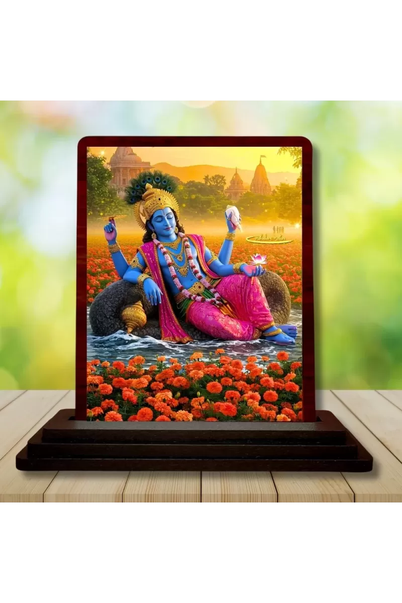 Car Desk/Table Top Lord Vishnu Wooden Photo Stand  3x4 Inches, Compact & Stylish Spiritual Display For Car, Home & Office (Pack Of 1) (F14404)