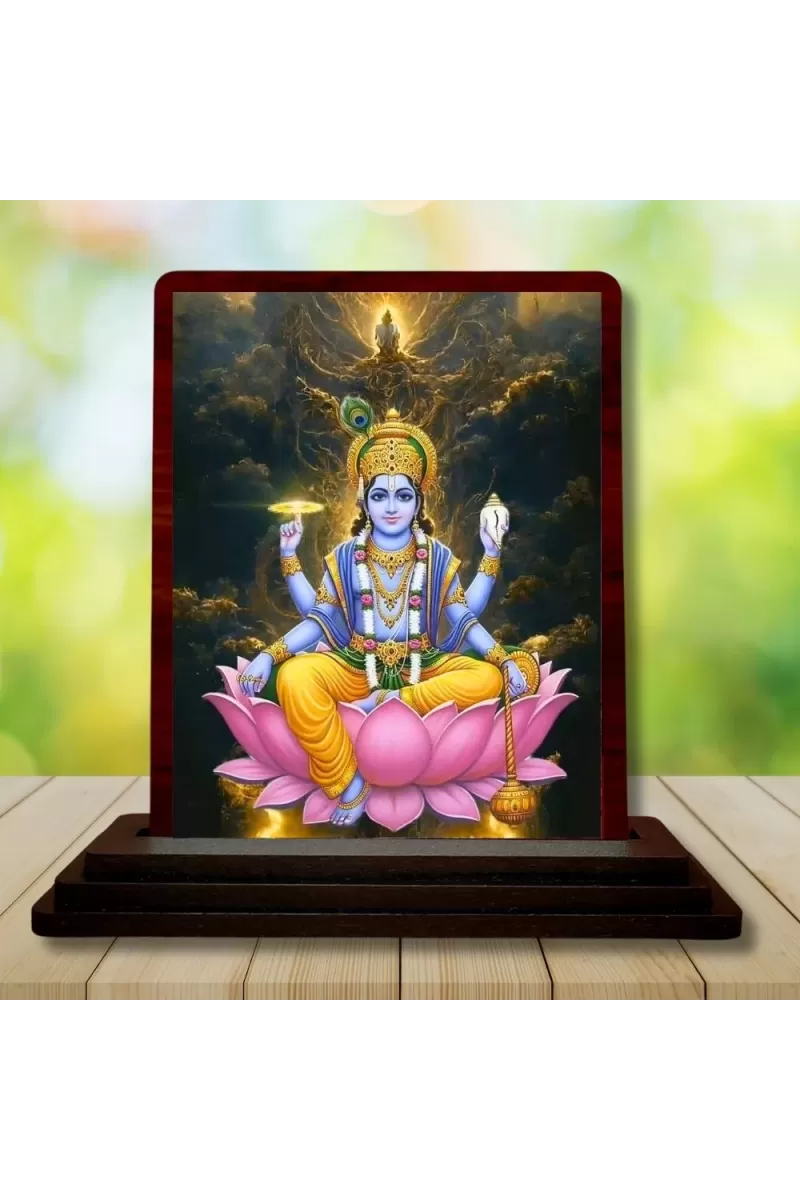 Car Desk/Table Top Lord Vishnu Wooden Photo Stand  3x4 Inches, Compact & Stylish Spiritual Display For Car, Home & Office (Pack Of 1) (F14405)