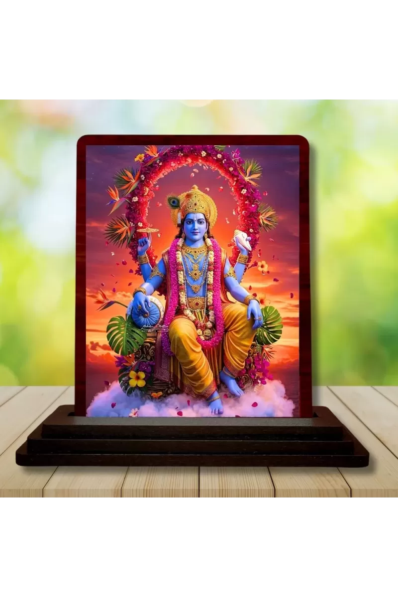 Car Desk/Table Top Lord Vishnu Wooden Photo Stand  3x4 Inches, Compact & Stylish Spiritual Display For Car, Home & Office (Pack Of 1) (F14406)