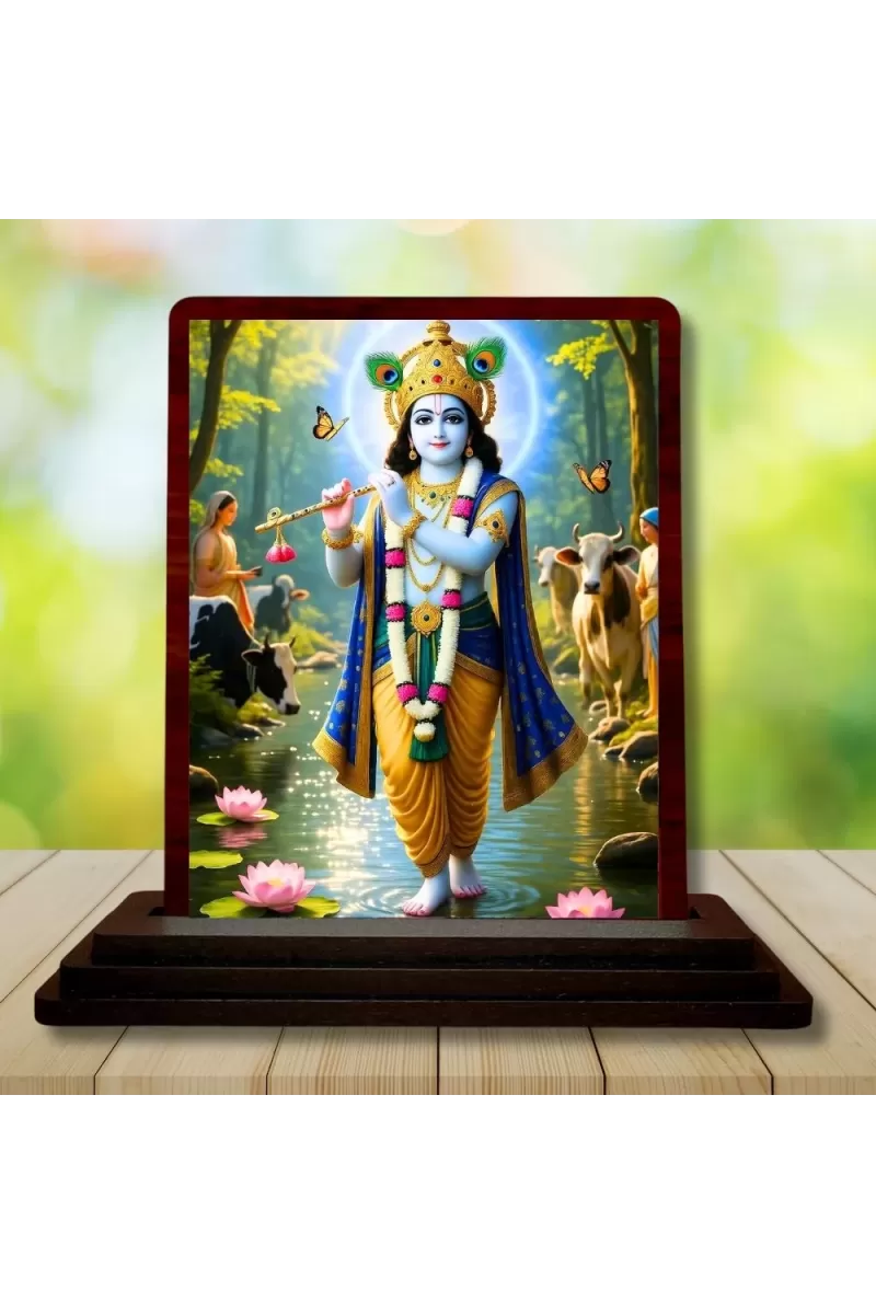 Car Desk/Table Top Lord Krishna Wooden Photo Stand  3x4 Inches, Compact & Stylish Spiritual Display For Car, Home & Office (Pack Of 1) (F14409)