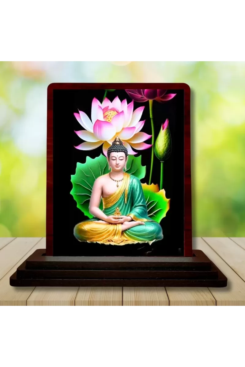 Car Desk/Table Top Lord Buddha Wooden Photo Stand  3x4 Inches, Compact & Stylish Spiritual Display For Car, Home & Office (Pack Of 1) (F14410)