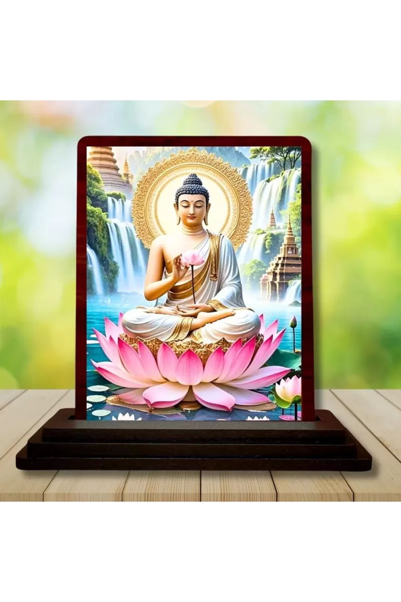 Car Desk/Table Top Lord Buddha Wooden Photo Stand  3x4 Inches, Compact & Stylish Spiritual Display For Car, Home & Office (Pack Of 1) (F14411)