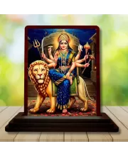Car Desk/Table Top Goddess Durga Wooden Photo Stand  3x4 Inches, Compact & Stylish Spiritual Display For Car, Home & Office (Pack Of 1) (F14412)