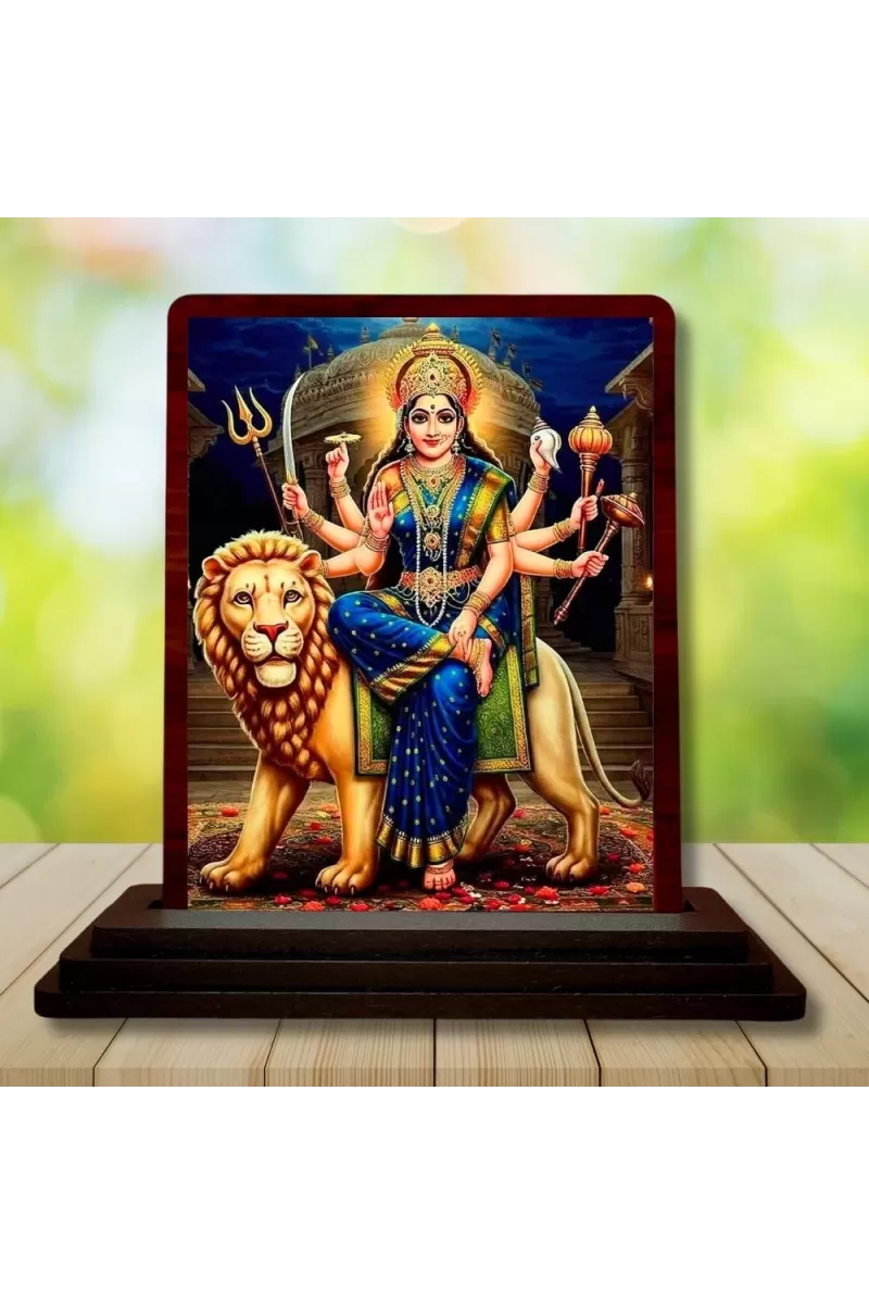 Car Desk/Table Top Goddess Durga Wooden Photo Stand  3x4 Inches, Compact & Stylish Spiritual Display For Car, Home & Office (Pack Of 1) (F14412)