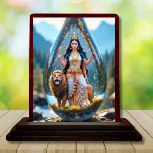 Car Desk/Table Top Goddess Durga Wooden Photo Stand  3x4 Inches, Compact & Stylish Spiritual Display For Car, Home & Office (Pack Of 1) (F14413)
