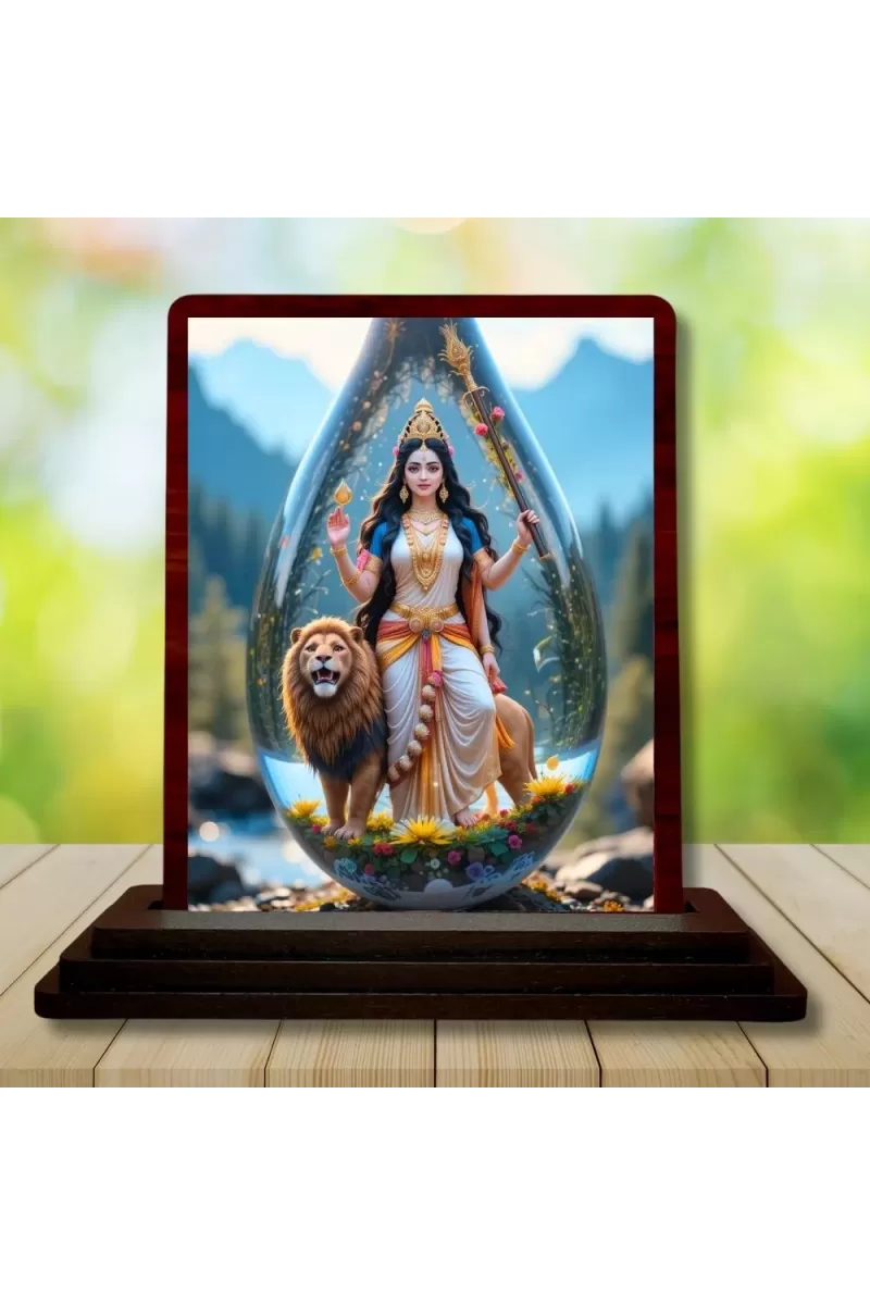 Car Desk/Table Top Goddess Durga Wooden Photo Stand  3x4 Inches, Compact & Stylish Spiritual Display For Car, Home & Office (Pack Of 1) (F14413)