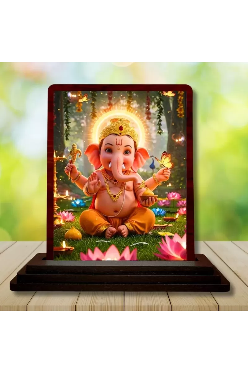 Car Desk/Table Top Lord Ganesha Wooden Photo Stand  3x4 Inches, Compact & Stylish Spiritual Display For Car, Home & Office (Pack Of 1) (F14414)
