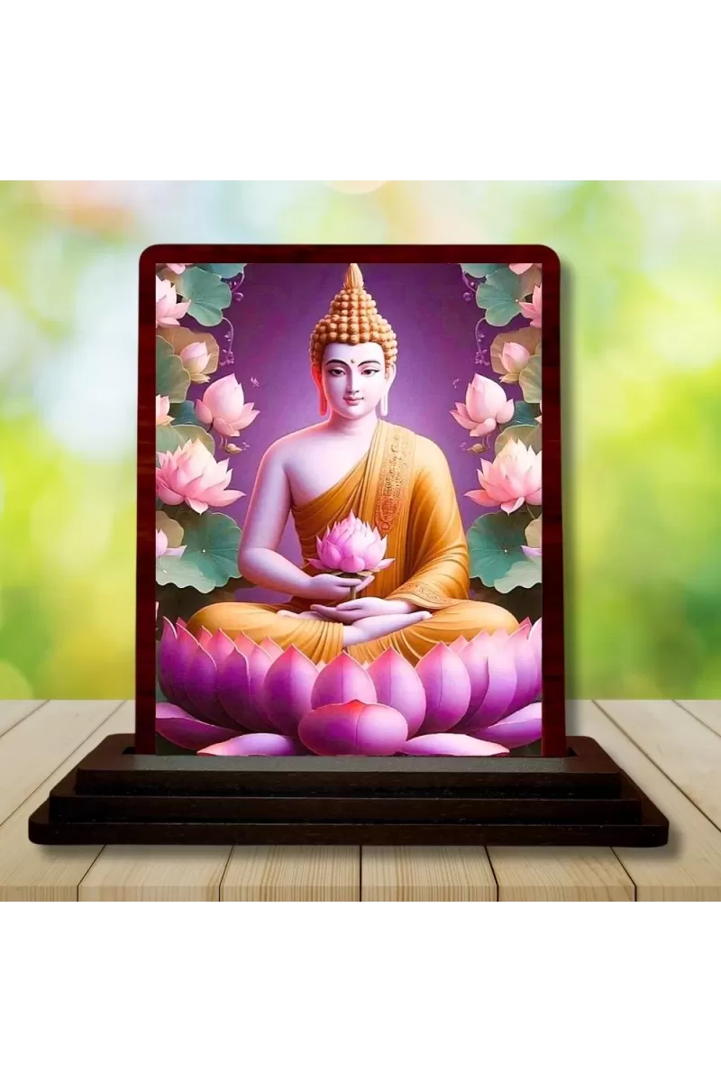 Car Desk/Table Top Lord Buddha Wooden Photo Stand  3x4 Inches, Compact & Stylish Spiritual Display For Car, Home & Office (Pack Of 1) (F14415)