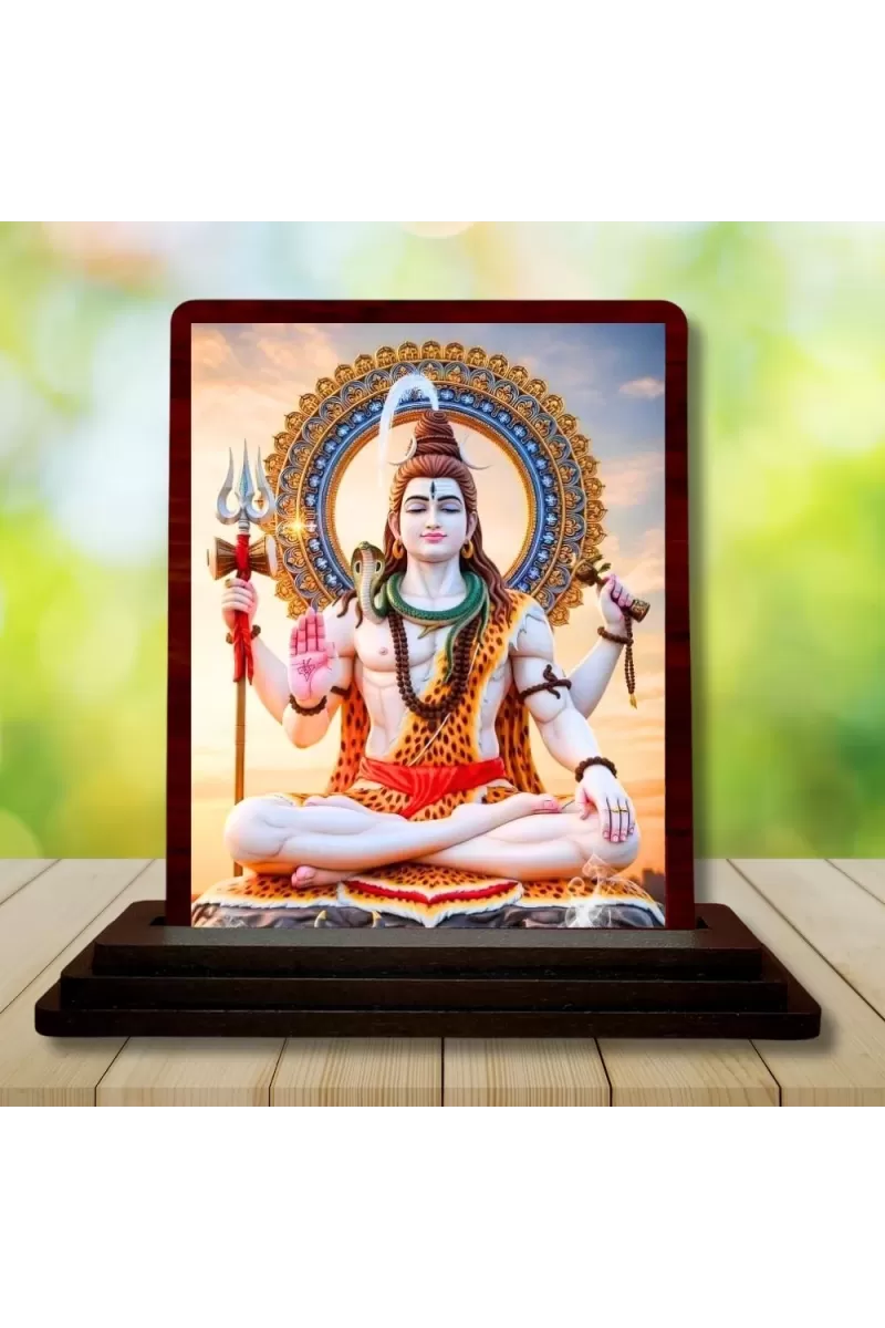 Car Desk/Table Top Lord Shiva Wooden Photo Stand  3x4 Inches, Compact & Stylish Spiritual Display For Car, Home & Office (Pack Of 1) (F14417)