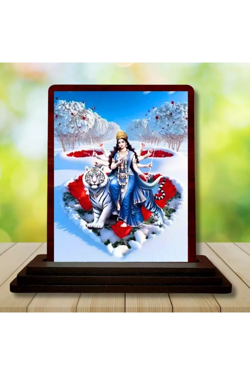 Car Desk/Table Top Goddess Durga Matha Wooden Photo Stand  3x4 Inches, Compact & Stylish Spiritual Display For Car, Home & Office (Pack Of 1) (F14418)