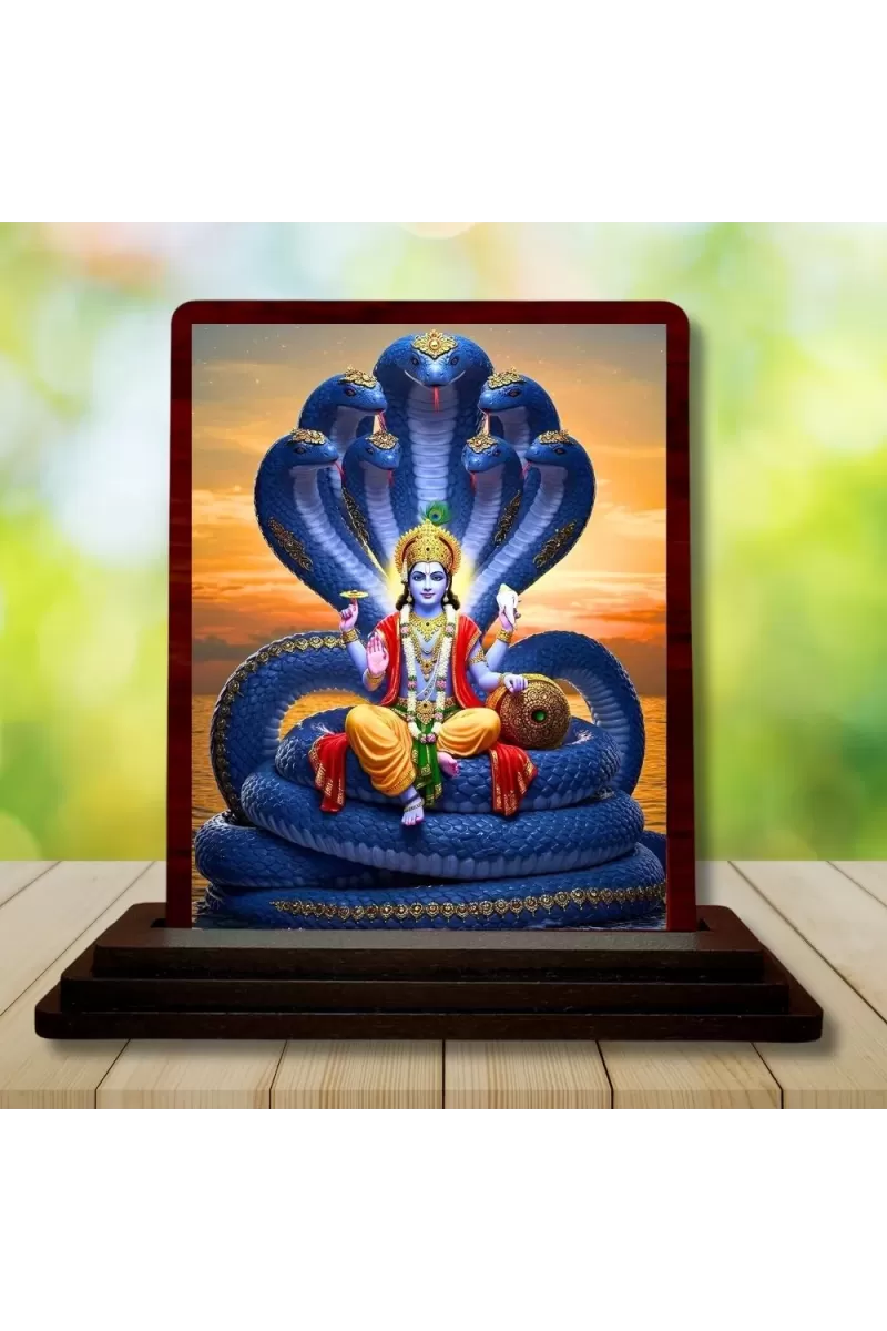 Car Desk/Table Top Lord Vishnu Wooden Photo Stand  3x4 Inches, Compact & Stylish Spiritual Display For Car, Home & Office (Pack Of 1) (F14419)