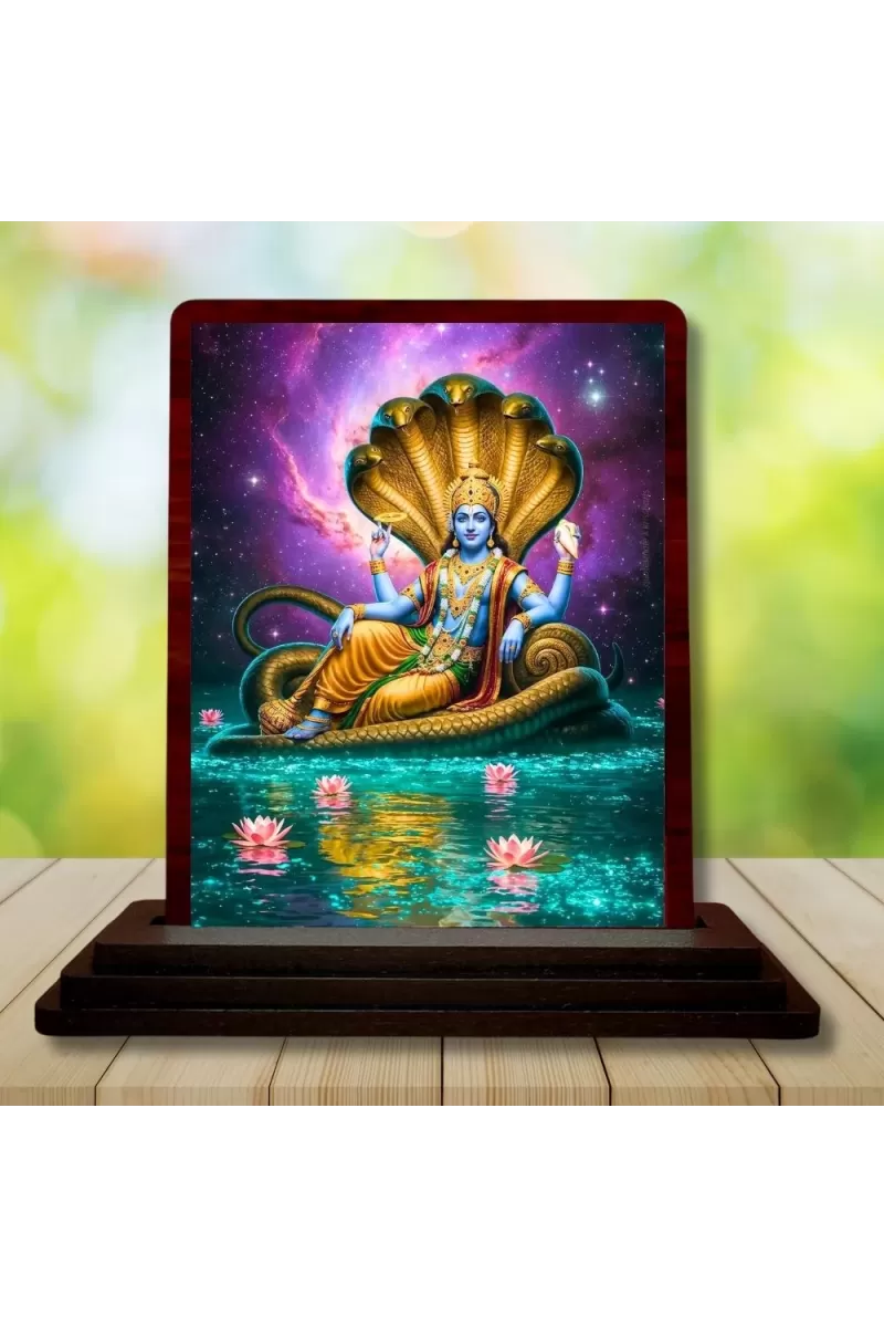 Car Desk/Table Top Lord Vishnu Wooden Photo Stand  3x4 Inches, Compact & Stylish Spiritual Display For Car, Home & Office (Pack Of 1) (F14421)