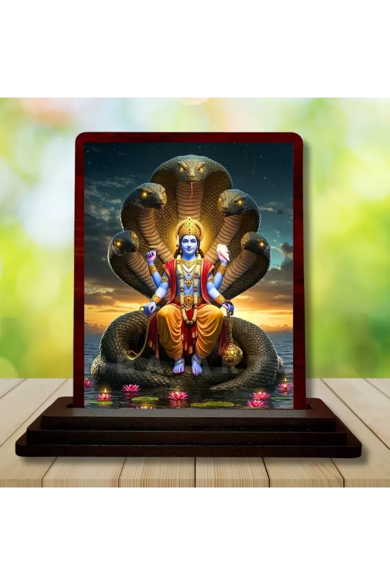Car Desk/Table Top Lord Vishnu Wooden Photo Stand  3x4 Inches, Compact & Stylish Spiritual Display For Car, Home & Office (Pack Of 1) (F14422)