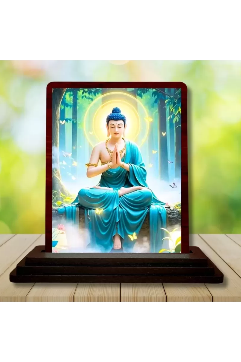 Car Desk/Table Top Lord Buddha Wooden Photo Stand  3x4 Inches, Compact & Stylish Spiritual Display For Car, Home & Office (Pack Of 1) (F14423)