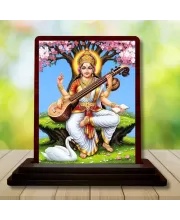 Car Desk/Table Top Goddess Saraswathi Wooden Photo Stand  3x4 Inches, Compact & Stylish Spiritual Display For Car, Home & Office (Pack Of 1) (F14424)
