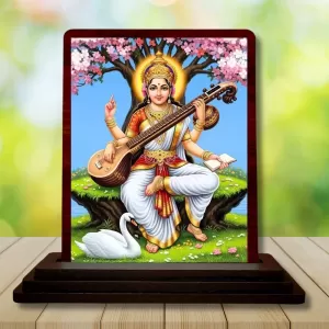 Car Desk/Table Top Goddess Saraswathi Wooden Photo Stand  3x4 Inches, Compact & Stylish Spiritual Display For Car, Home & Office (Pack Of 1) (F14424)