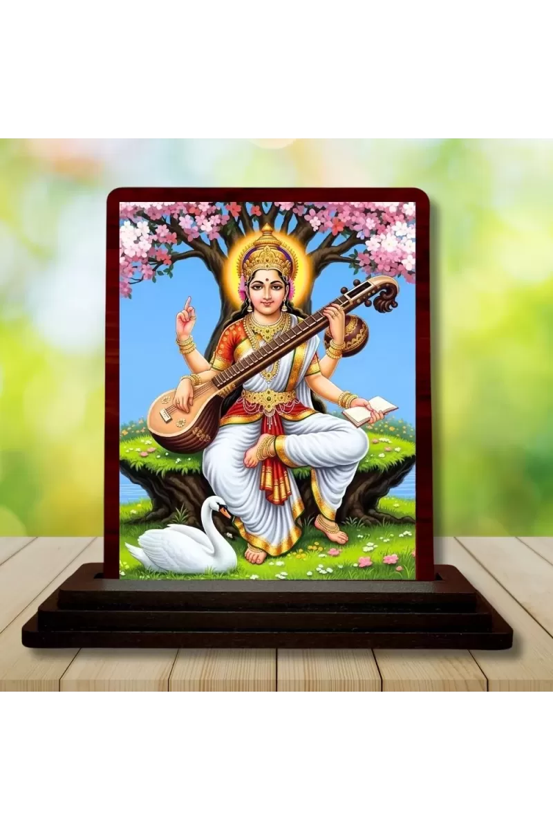 Car Desk/Table Top Goddess Saraswathi Wooden Photo Stand  3x4 Inches, Compact & Stylish Spiritual Display For Car, Home & Office (Pack Of 1) (F14424)