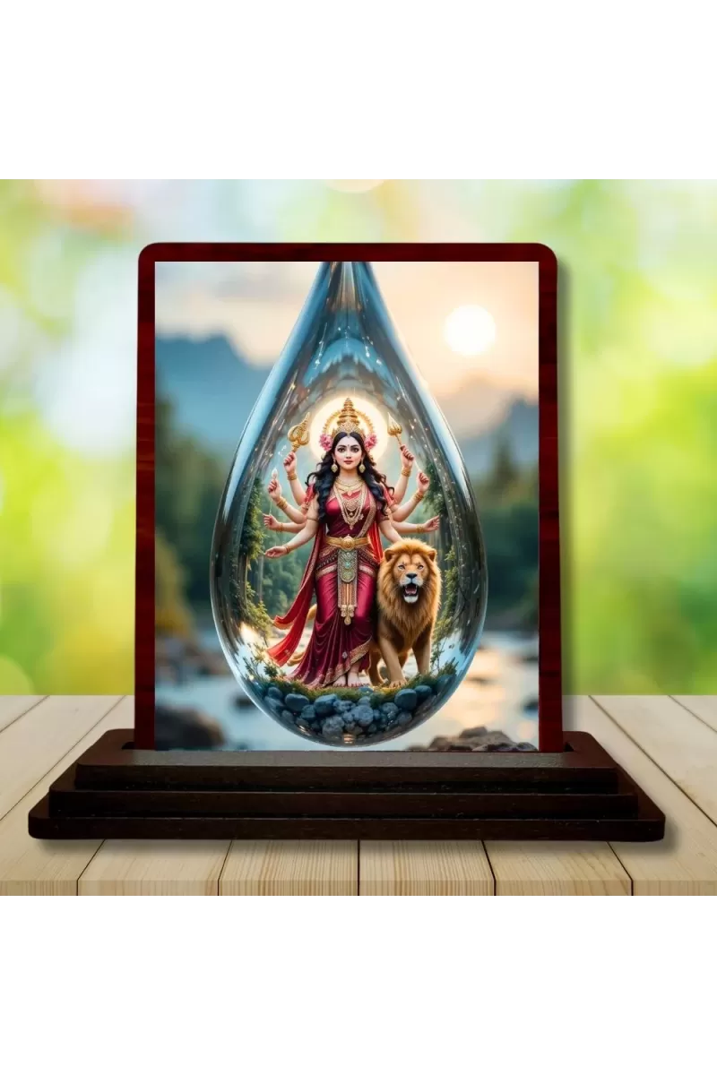 Car Desk/Table Top Goddess Durga Wooden Photo Stand  3x4 Inches, Compact & Stylish Spiritual Display For Car, Home & Office (Pack Of 1) (F14426)