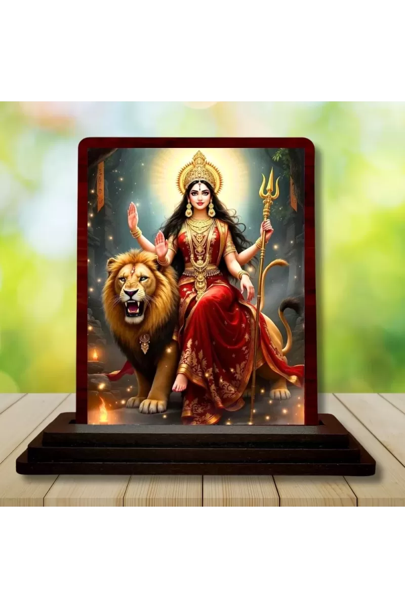 Car Desk/Table Top Goddess Durga Wooden Photo Stand  3x4 Inches, Compact & Stylish Spiritual Display For Car, Home & Office (Pack Of 1) (F14427)