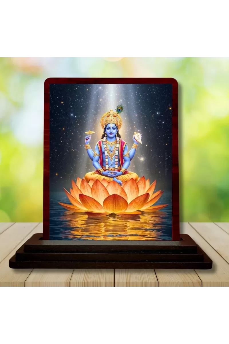 Car Desk/Table Top Lord Vishnu Wooden Photo Stand  3x4 Inches, Compact & Stylish Spiritual Display For Car, Home & Office (Pack Of 1) (F14428)