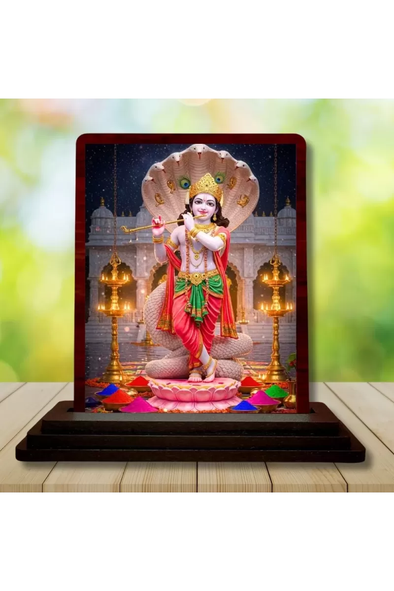 Car Desk/Table Top Lord Krishna Wooden Photo Stand  3x4 Inches, Compact & Stylish Spiritual Display For Car, Home & Office (Pack Of 1) (F14430)