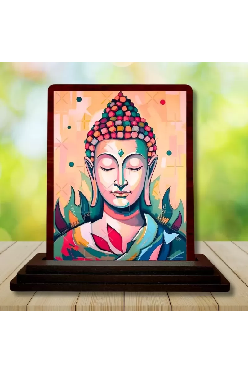 Car Desk/Table Top Meditative Buddha Wooden Photo Stand  3x4 Inches, Compact & Stylish Spiritual Display For Car, Home & Office (Pack Of 1) (F14434)