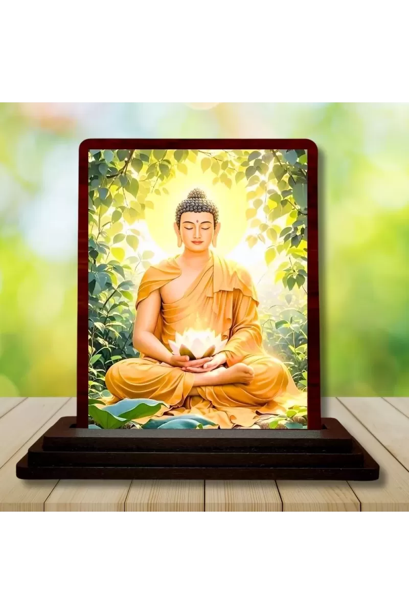 Car Desk/Table Top Lord Buddha Wooden Photo Stand  3x4 Inches, Compact & Stylish Spiritual Display For Car, Home & Office (Pack Of 1) (F14440)