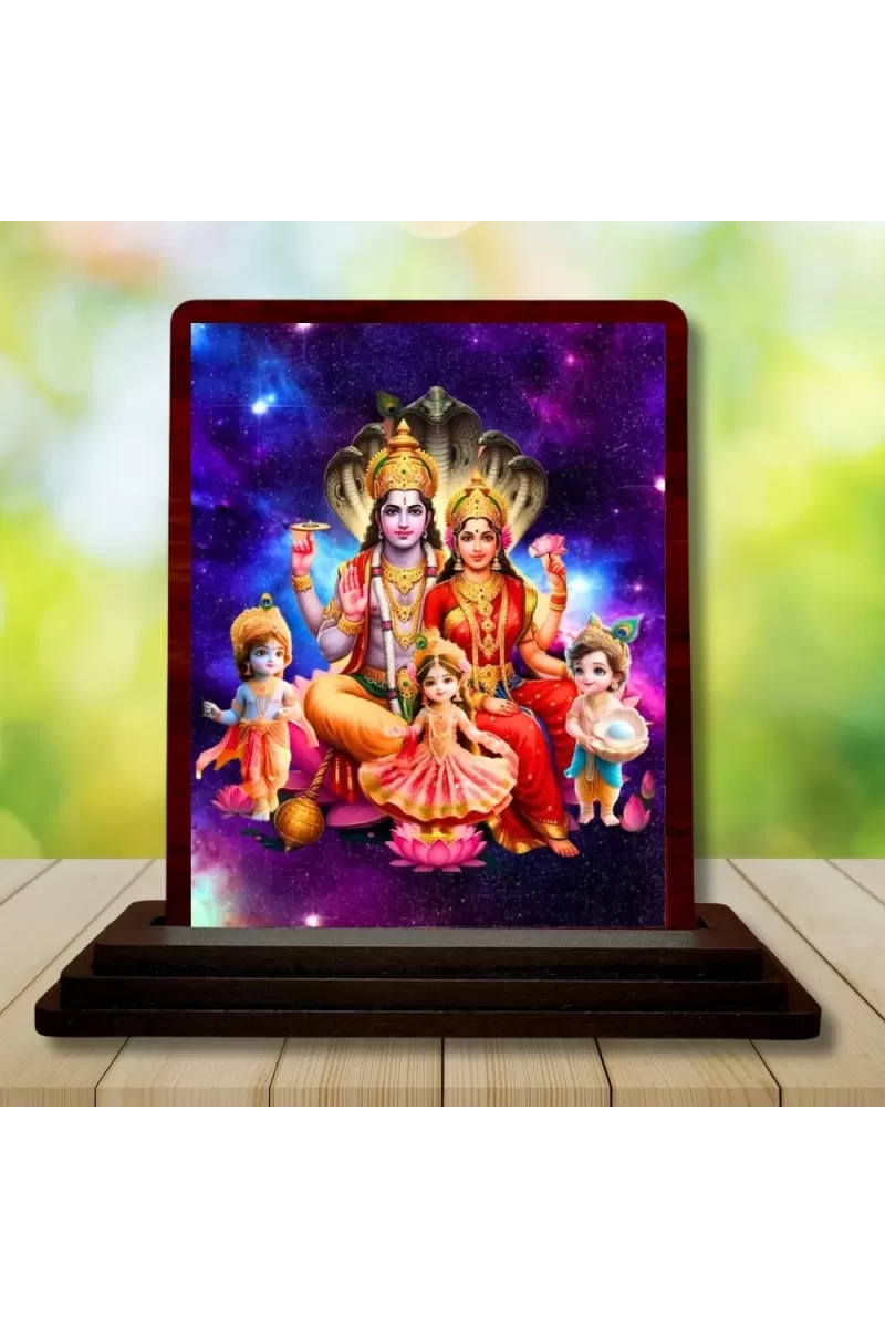 Car Desk/Table Top Lord Vishnu Lakshmi Wooden Photo Stand  3x4 Inches, Compact & Stylish Spiritual Display For Car, Home & Office (Pack Of 1) (F14441)
