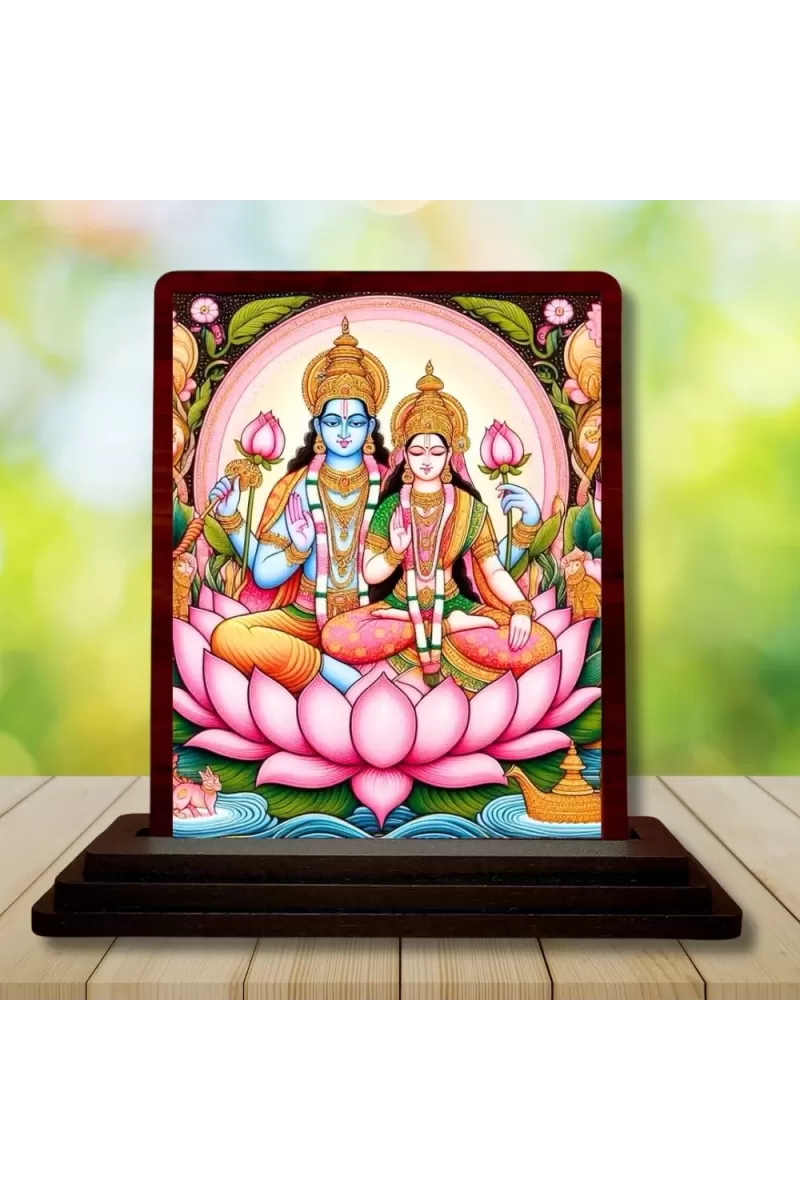 Car Desk/Table Top Lord Vishnu Lakshmi Wooden Photo Stand  3x4 Inches, Compact & Stylish Spiritual Display For Car, Home & Office (Pack Of 1) (F14443)