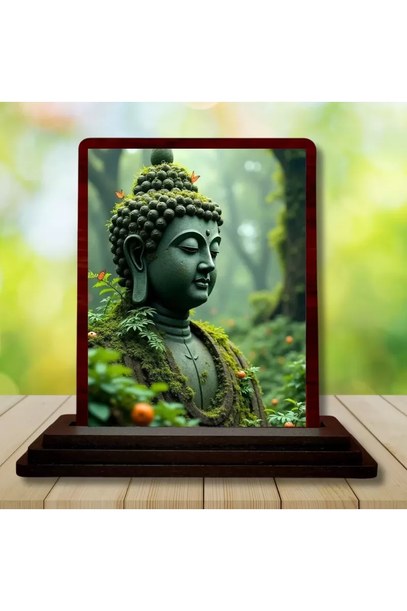 Car Desk/Table Top Lord Buddha Wooden Photo Stand  3x4 Inches, Compact & Stylish Spiritual Display For Car, Home & Office (Pack Of 1) (F14448)