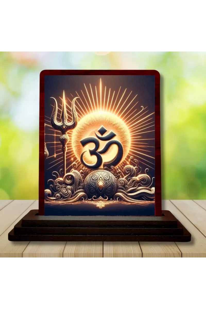 Car Desk/Table Top Om Symbol Wooden Photo Stand  3x4 Inches, Compact & Stylish Spiritual Display For Car, Home & Office (Pack Of 1) (F14449)