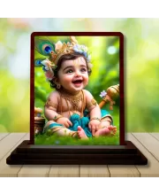 Car Desk/Table Top Little Cute Krishna Wooden Photo Stand  3x4 Inches, Compact & Stylish Spiritual Display For Car, Home & Office (Pack Of 1) (F14450)
