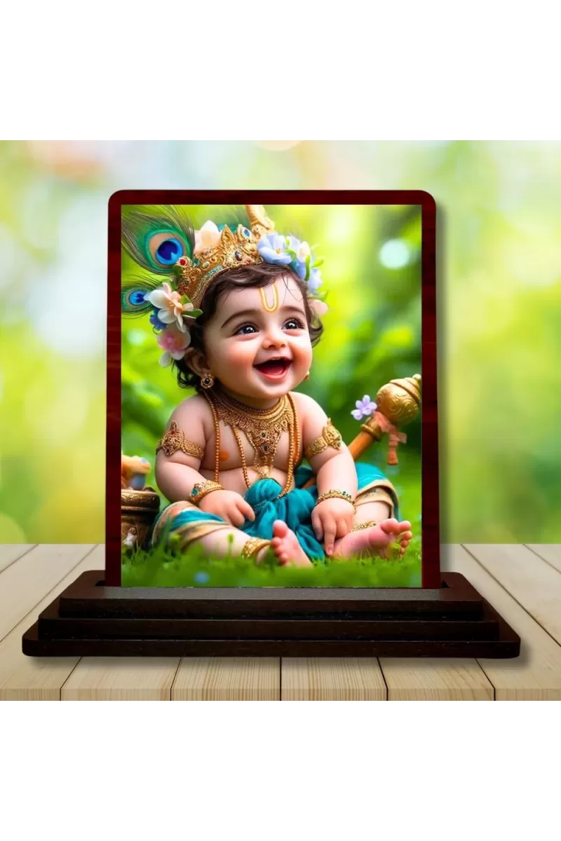 Car Desk/Table Top Little Cute Krishna Wooden Photo Stand  3x4 Inches, Compact & Stylish Spiritual Display For Car, Home & Office (Pack Of 1) (F14450)