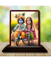 Car Desk/Table Top Radha Krishna Wooden Photo Stand  3x4 Inches, Compact & Stylish Spiritual Display For Car, Home & Office (Pack Of 1) (F14451)