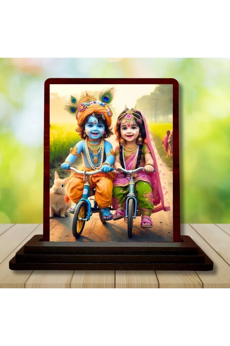 Car Desk/Table Top Radha Krishna Wooden Photo Stand  3x4 Inches, Compact & Stylish Spiritual Display For Car, Home & Office (Pack Of 1) (F14451)