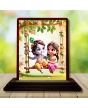 Car Desk/Table Top Little Radha Krishna Wooden Photo Stand  3x4 Inches, Compact & Stylish Spiritual Display For Car, Home & Office (Pack Of 1) (F14452)