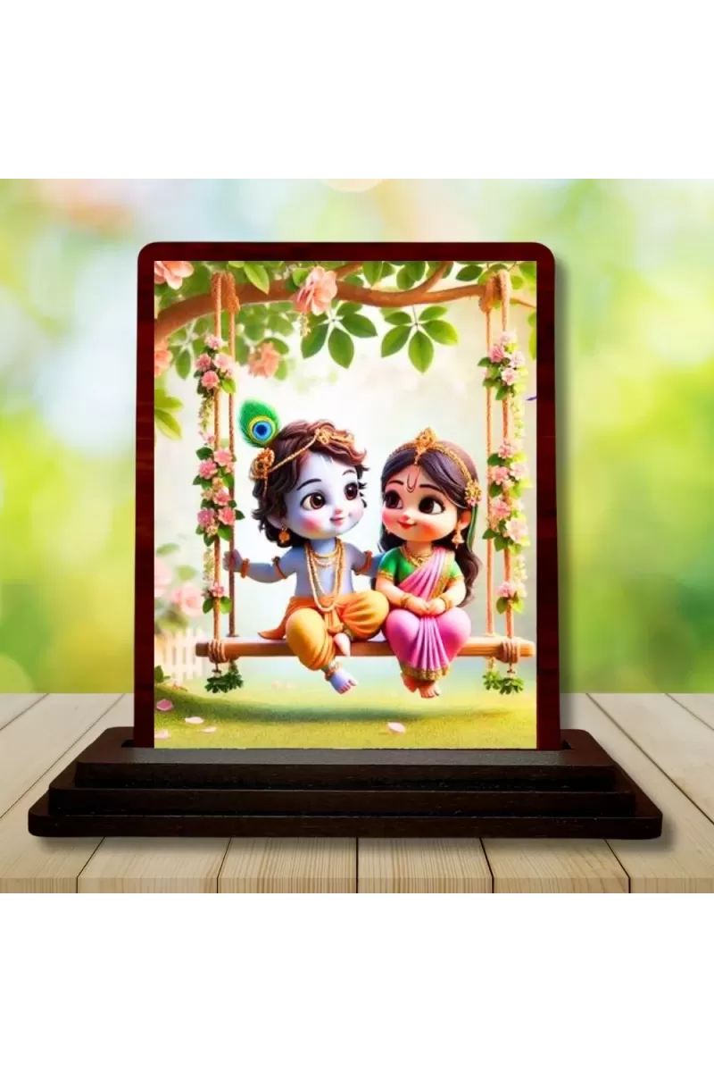 Car Desk/Table Top Little Radha Krishna Wooden Photo Stand  3x4 Inches, Compact & Stylish Spiritual Display For Car, Home & Office (Pack Of 1) (F14452)