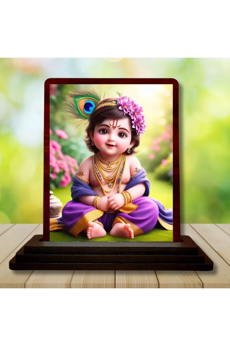 Car Desk/Table Top Lord Krishna Wooden Photo Stand  3x4 Inches, Compact & Stylish Spiritual Display For Car, Home & Office (Pack Of 1) (F14457)