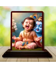 Car Desk/Table Top Lord Krishna Wooden Photo Stand  3x4 Inches, Compact & Stylish Spiritual Display For Car, Home & Office (Pack Of 1) (F14458)