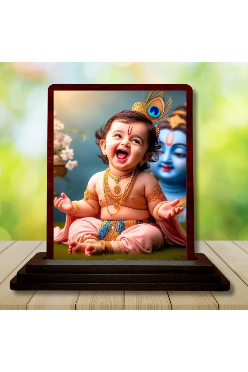 Car Desk/Table Top Lord Krishna Wooden Photo Stand  3x4 Inches, Compact & Stylish Spiritual Display For Car, Home & Office (Pack Of 1) (F14458)