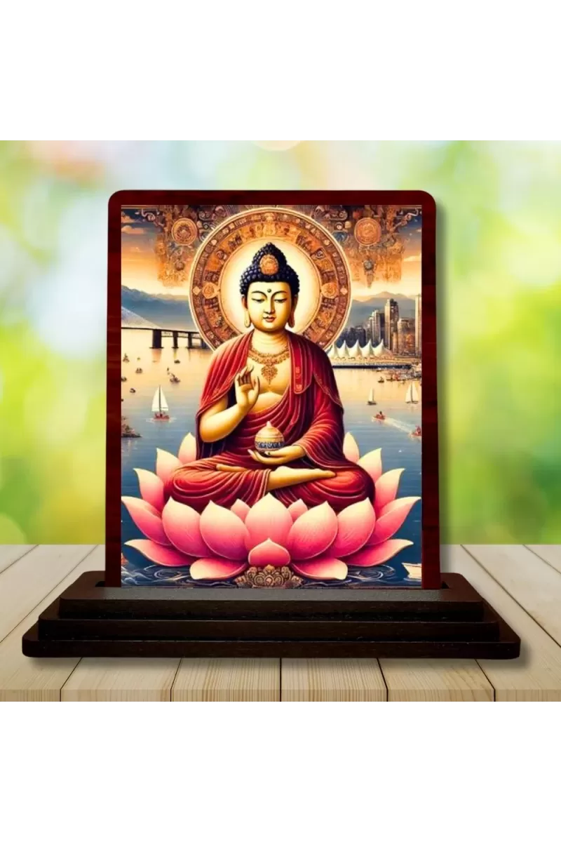Car Desk/Table Top Lord Buddha Wooden Photo Stand  3x4 Inches, Compact & Stylish Spiritual Display For Car, Home & Office (Pack Of 1) (F14460)