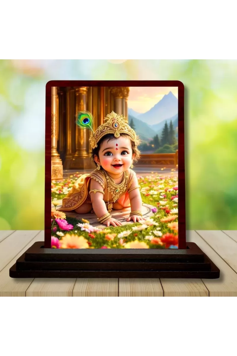 Car Desk/Table Top Little Krishna Wooden Photo Stand  3x4 Inches, Compact & Stylish Spiritual Display For Car, Home & Office (Pack Of 1) (F14465)